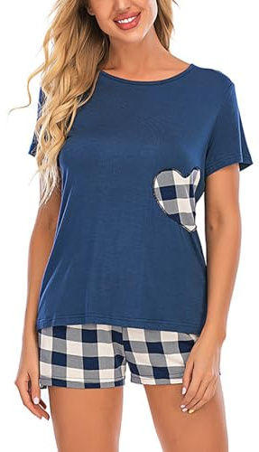 NLAND Pyjama Femme Coton Été 2 Pièces Ensembles de Pyjama Manches Courtes et Short à Carreaux Vêtements de Nuit Douce Confortable,Bleue XL
