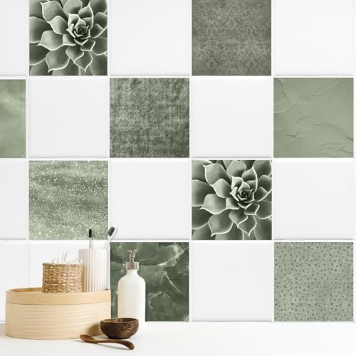 GRAZDesign Wasserdichte Fliesenaufkleber Set Grün Damast Muster für Bad & Küche, Selbstklebend & Abziehbar, 10er Pack - 15x20cm