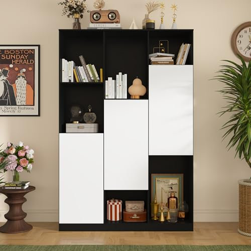 Bücherschrank, Kleiderschrank, Vitrinenschrank mit 3 Türen 6 Fächern, Hochschrank, Schrank Bücherregal und Kleiderschrank 2-Zweck-Schrank für Wohnzimmer Küche Büro, Weiß+Schwarz, 120 x 30 x 180 cm