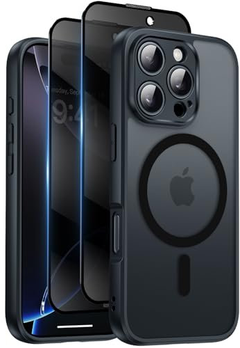 HeIssitot Magnetic for iPhone 16 Pro Case, with Privacy Screen Protectors X2, [Camera Protection] [15FT Military Drop Protection] Translucent Matte Back Slim Shockproof Phone Cover, Black