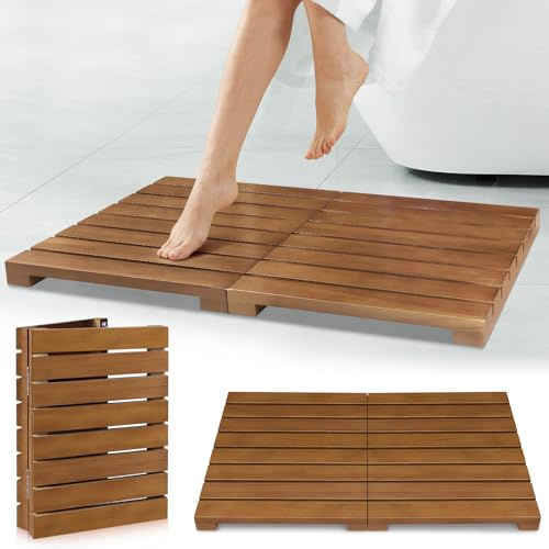 Teak Duschmatte - Faltbare Holz Badematte, Bodenmatte für Badewanne, Tür, Spa, Sauna, Pool, Ideal für Indoor Outdoor