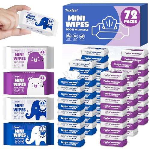 TUXIYA Incredibly Compact Aloe & Vitamin E Travel Disposable Wet Wipes (7 Wipes Per Pack), Hypoallergenic & Fragrance Free.