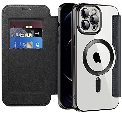QIWEIQING Case for iPhone 12 with Card Holder. Black JDC | Compatible with MagSafe, RFID Blocking, Shockproof, Premium Leather Flip Wallet Cover, Magnetic Clear Silicone Back