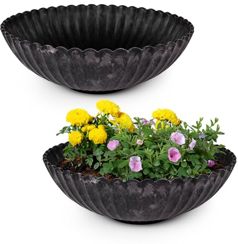 matches21 HOME & HOBBY Gewellte Pflanzschalen für draussen in 22 x 7 cm schwarz marmoriert als wetterfeste Blumen-Schalen