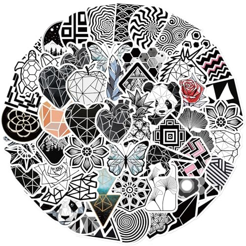 50 Pcs Black & White Geometric Vinyl Stickers, Creative Geometric Patterns Decals for Laptop, Phone Case, Water Bottle, Scrapbook | Waterproof DIY Stickers for Adults & Teens