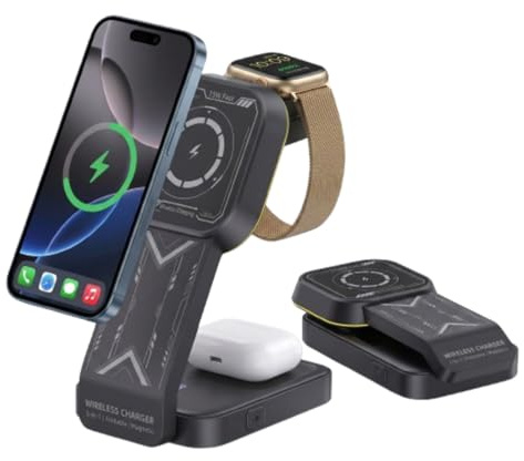 saimclusiv 3-in-1 Foldable Magnetic Wireless Charging Station, 15W Fast USB-C Charger Stand Compatible with iPhone 17/16/15/14/13/12 Series, Apple Watch Ultra/10/9/8/7/SE & AirPods Pro 2/3