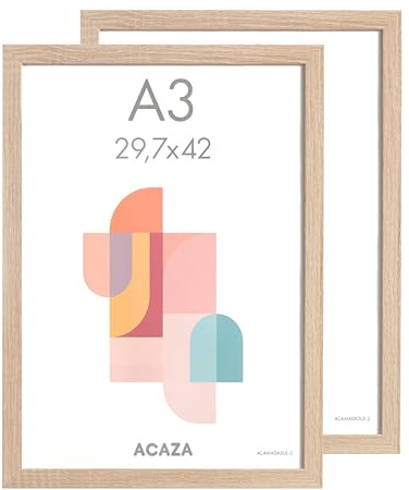 ACAZA Lot de 2 Cadre Photo 29,7 x 42 cm Format A3, En Bois MDF et Verre Acrylic, Pour Photos, Posters et Puzzles, Décoration Murale, Portrait et Paysage, Chêne Clair