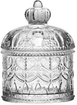 ASTRQLE 6.8oz Clear Embossed Glass Candy Jar With Crown Knob Lid for Home | Dust‑Proof, Wide Opening, Easy Clean, Scratch Resistant, Retro Clear Crystal Sweet Storage Dish for Kitchen Wedding Decor