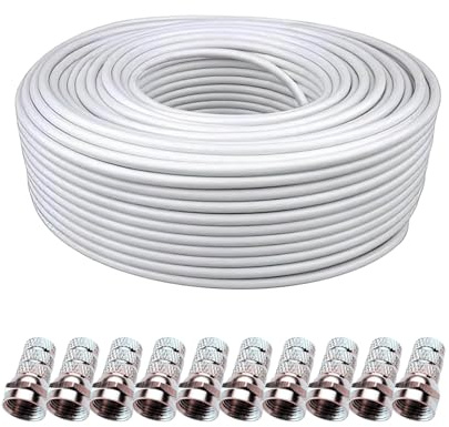 CABLEPELADO Cable Coaxial SAT + 10 Conectores F | Cable Antena TV 75 Ohm Doble Apantallamiento | Compatible con DVB-S/S2, DVB-T/T2, DVB-C/C2, 4K UHD y Full HD | Blanco (50 Metros)