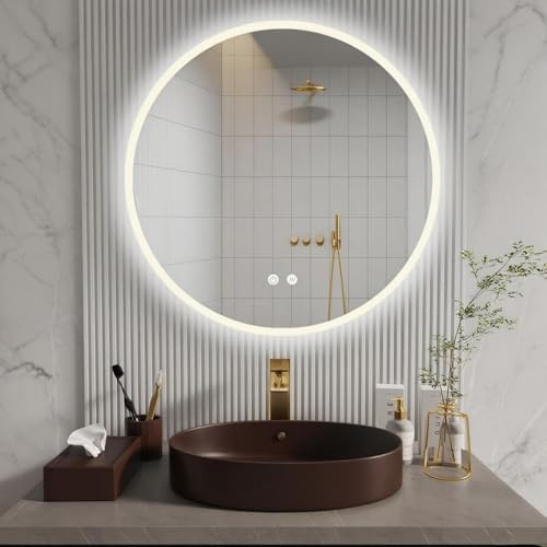 ApeJoy Badspiegel mit Beleuchtung Rund 80cm, Spiegel Runder mit Licht und mit Antibeschlag, Badezimmerspiegel Touch Schalter LED Wechsel Warmweiß-Kaltweiß-Neutral Memory Funktion [Energieklasse F]