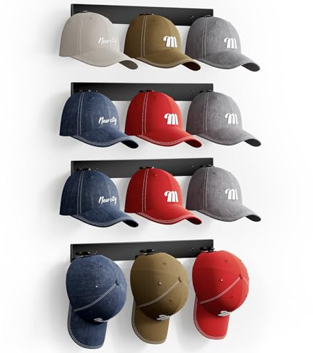 MISSLO Hat Rack for Wall with 2-way Display Hat Hooks for Wall Hanger 4 Pack Holds 24 Baseball Cap Holder Organizer for Closet, Wall Mounted, Bedroom Storage