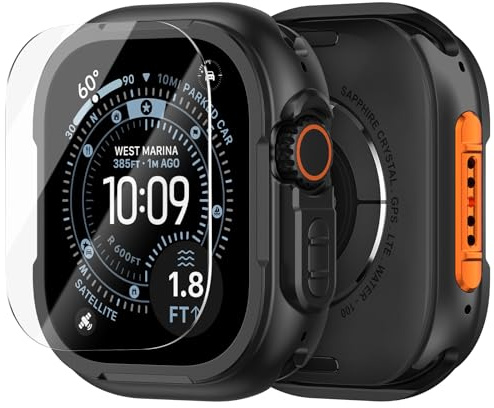 SOLOLUP Metall Schutzhülle Kompatibel mit Apple Watch Hülle 49mm,3 in 1 Robuste Rundum Metal Case HD Displayschutz mit Rücken Gehäuse für Apple Watch Ultra 3/2/1 Schutz iWatch 49mm,Schwarz-Orange