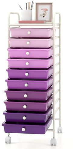 GIANTEX Rollwagen mit 10 stapelbaren Schubladen, Schubladenwagen Badrollwagen Küchenwagen mit feststellbaren Rollen, Aufbewahrungswagen Haushaltswagen Metallgestell für Küche Büro (Violett)
