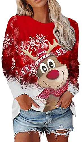 Pull Moche De Noel Femme Rigolo Hiver Drôle Sweat Pull à Col Rond et Manches Longues Sweatshirt Slim Fit Pullover Grande Taille Sweat Haut Décontracté Ample Pullover Haut