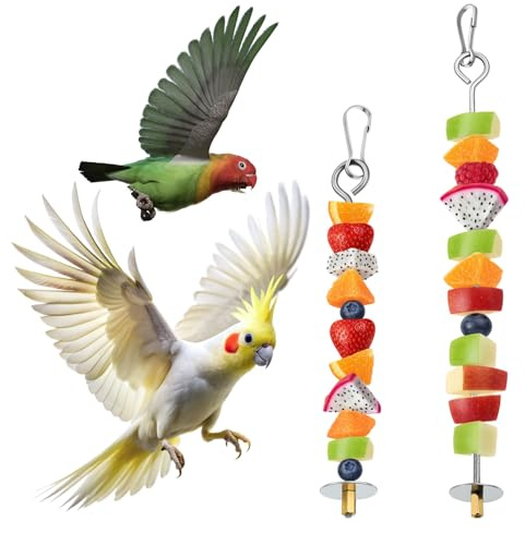 2PCS Bird Cage Food Holder with Hook, Parrot Fruit Vegetable Skewer, Stainless Steel Bird Feeder for Cages, Hanging Foraging Toy, Birds Cage Feeder Foraging Toy for Macaw Parakeet Parrot Budgie