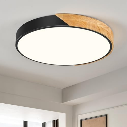 Qamra LED Deckenleuchte, Deckenleuchte Schwarz 50cm, Deckenlampe Holz 48W | Lampe Rund für Wohnzimmer Schlafzimmer Küche Flur Esszimmer 4000K