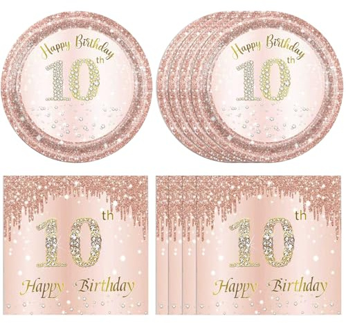 40PCS 10th Birthday Decorations for Happy 10 Years Party Tableware Set Including 10th Birthday Party Plates and Napkins,Rose Gold 10 Years Old Table Decor for Girls Pink Rose Gold Party Supplies