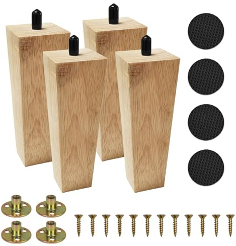 Chingcoo Lot de 4 pieds de meubles carrés en bois pour canapé et armoire - Pieds de meubles robustes avec protection du sol - Noir ou bois naturel - 3 hauteurs au choix (bois naturel, 15 cm)