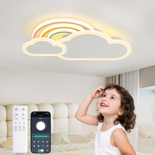 YZBEIMDAI LED Kinder Deckenlampe Wolken Regenbogen Deckenleuchte, 50CM Dimmbar Deckenlampe Kinderzimmer mädchen Junge Schlafzimmer Deckenlamp mit Fernbedienung ＆ APP, Nachtlicht Funktion, Weiß