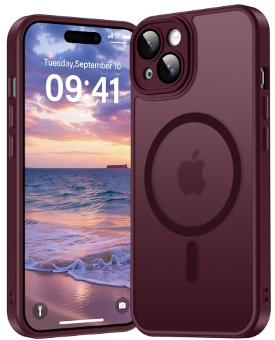 Opkiegrn for iPhone 15 Case Compatible with Magsafe-Burgundy | Camera Lens Protector + Lanyard, Shockproof Military-Grade Drop Protection, Magnetic Translucent Matte Hard Back Cover
