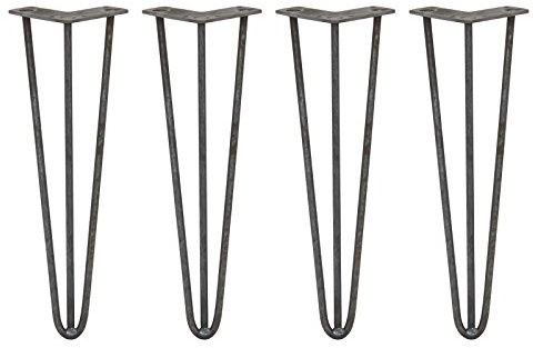4 x Haarnadelbeine/Haarnadelbeine, Set mit Ski-Beinen für Möbel, Schreibtisch, Bank, Stuhl, Tisch, 3 Zinken, 10 mm, Rohstahl und Schutzfüße