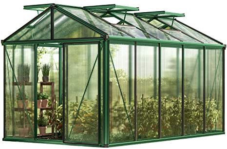 GFP Gewächshaus Diamas 23 Premium 235x385 cm mit integriertem Fundament 16 mm Doppelstegplatten, Farbe Moosgrün