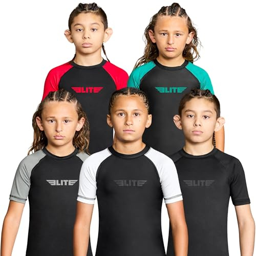 Elite Sports Kids Jiu Jitsu BJJ Rash Guard, Short Half Sleeve Compression Shirt for Youth Boys Girls Sports Nogi Training White