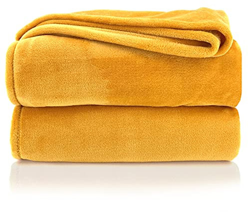 heimtexland Kuscheldecke flauschig Flanell Wohndecke warm Oekotex Tagesdecke Überwurf Sofadecke fusselfrei Fleecedecke Super Soft XL Decke 150x200 cm Typ380 Safran gelb