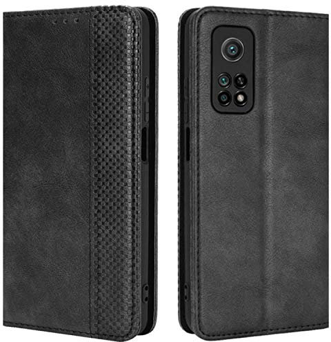 HualuBro Handyhülle für Xiaomi Mi 10T Pro Hülle, Retro Leder Stoßfest Klapphülle Schutzhülle Handytasche LederHülle Flip Case Cover für Xiaomi Mi 10T Pro 5G Tasche, Schwarz