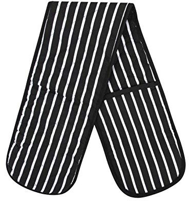 100% Cotton Butcher Stripe Quilted Double Oven Gloves Pot Holder Heat Resistant Mitt Come in Four Colours (Black)
