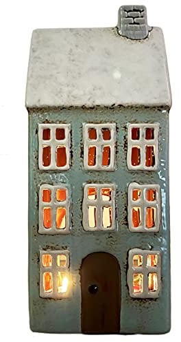Tall Blue House Tea Light Holder Village Pottery Ceramic Cottage Candle Ornament