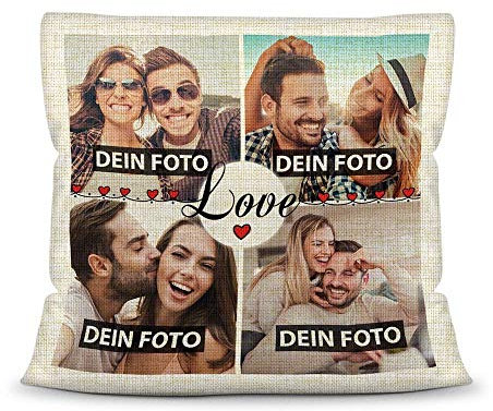 PR Print Royal Kissen mit Füllung - Fotocollage selbst gestalten mit Spruch - Love - mit Vier eigenen Fotos - Geschenkidee Fotokissen Kissen Leinenoptik- Natur