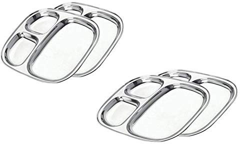 Satre Online and Marketing Teller-Set, oval, 4 Stück, für Mittagessen, Thali, 3 tiefe Fächer, Edelstahl