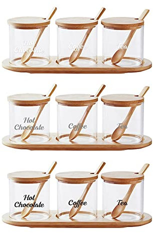 3 x Glass Canister Jar Personalised Clear Kitchen Food Storage Sugar Spice Jar with Wooden Lid & Spoon 0.35L (Font 3)