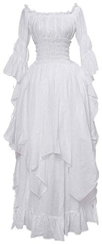 Mittelalterlic Abendkleid Damen Halloween Kostüm Prinzessinnen Kleider Geschenk für Frauen Schwarz Long Sleeve Round-Neck Dress, Weiß, L
