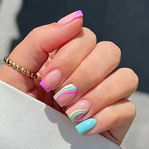 JUSTOTRY 24 Pcs Swirl Square False Nails Short, Rainbow French Press on Nail with Wavy Pattern,Fake Nails Short, Pastel Stick on Nail for Women,Nails Fake for Nail Art