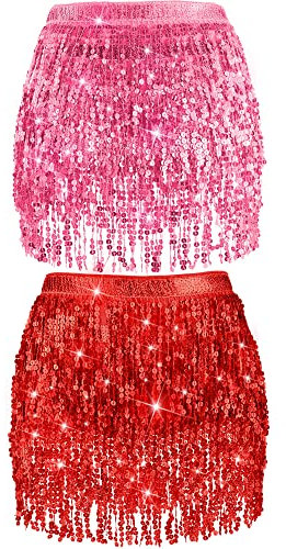 2 Stück Pailletten Quaste Rock Bauchtanz Hüftschal Performance Outfit Pailletten Rock Gürtel Körperzubehör für Frauen Mädchen, Rot, Pink, Einheitsgröße
