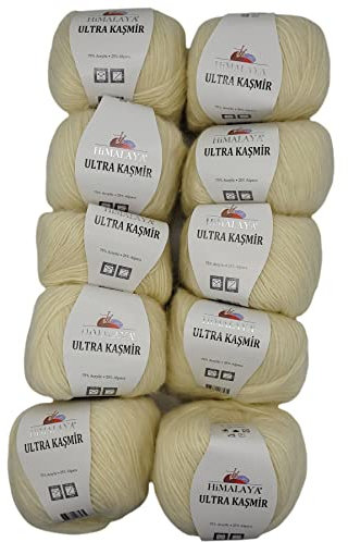 10 x 50 Gramm Himalaya Kashmir Strickgarn einfarbig, 500 Gramm Strickwolle mit 25% Alpaca Wolle, uni (creme 56809)