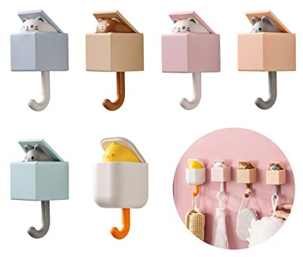 YWNYT Lot de 6 crochets muraux auto-adhésifs en forme de chat mignon pour serviettes, clés, crochets robustes sans trace