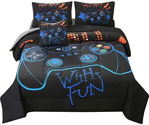 JQinHome Komplettes Gaming-Bettwäsche-Set für Jungen, 6-teiliges Bett in einer Tasche, 3D-Videospiel-Bettwäsche – Ganzjahres-Bettwäsche-Set aus weicher Mikrofaser, Spannbetttuch, Kissenbezug