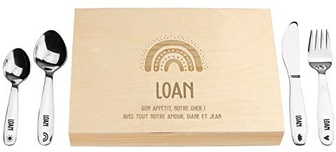 LAUBLUST Couverts pour Enfants gravés avec boîte - Cadeau personnalisée en Bois - Naturel - 4 pièces - Couverts de Table en Acier Inoxydable - Cadeau personnalisé (Arc-en-Ciel avec des cœurs)