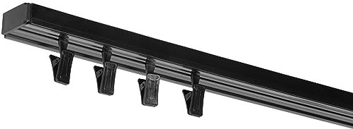 RENA Vorhangschiene 1-Läufig Gardinenschiene aus Kunststoff Vorhang-Deckenschiene mit Überklipshaken Gardinenleiste Gardinenstange Gardinen Vorhänge für Deckenmontage Schwarz 170cm