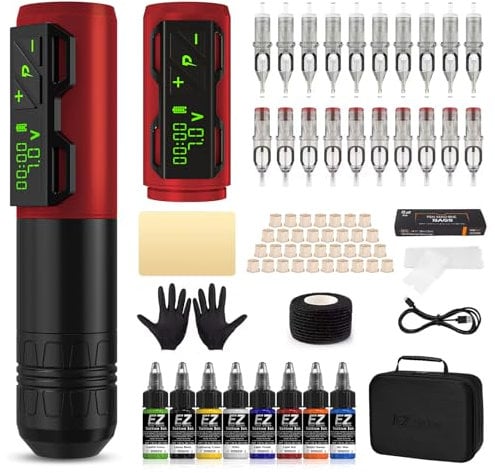 EZ Tattoo Maschinen Set - Tattoo Set mit Kabelloser Tattoo Maschine, 1800mAh Stromversorgung Akku, 20 Stück Tattoo Nadeln and 8 Farben Tinten für Tattoo Anfänger und Künstler (P2S Rot)