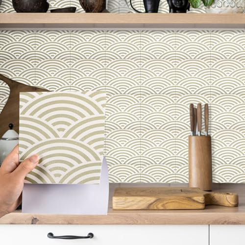 Fantasnight Tile Stickers Gold, Wave Vinyl Stick on Tiles Matt 15x15cm 12Pcs, Self Adhesive Wall, Waterproof Peel and Stick for Bathroom, Removable Backsplash for Kitchen
