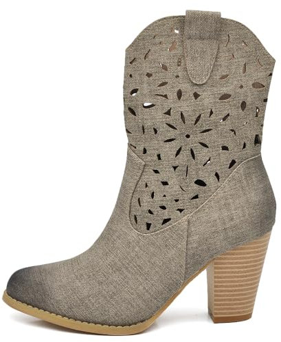 IF Fashion Stivali Stivaletti Tronchetti Camperos da Donna Traforato Con Tacco Pelle Sintetica Effetto Jeans GR-6653 khaki N.37