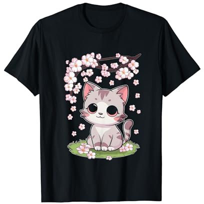 Japanische Anime Stil Kawai Katze Geisha Manga Kirschblüte T-Shirt
