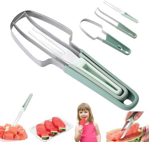 2025 Neu 3-in-1 Obstschneider aus Edelstahl, Wassermelonen Schneider mit Melonenausstecher und Obstgabeln, Wassermelonengabel-Schneidewerkzeug, Sommer Melonenschneider(Grün)