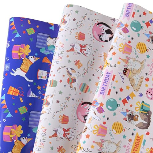 Titiweet Geschenkpapier mit Katze, niedliches Geburtstags-Geschenkpapier für Damen, Herren, Jungen, Mädchen, 12 Bögen 50,8 x 71,1 cm pro Bogen (Katzengeburtstag)
