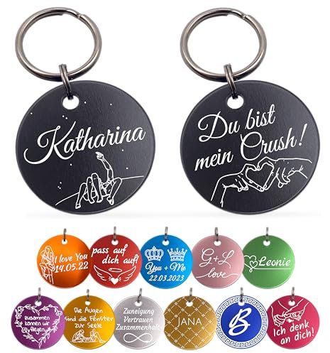 Personalisierter Schlüsselanhänger mit Gravur – Geschenk für Partner, Freunde & Familie – Andenken & Glücksbringer – Reise, Event, Hochzeit, Geburt – 12 Farben, mit Beutel (Schwarz, 30mm)