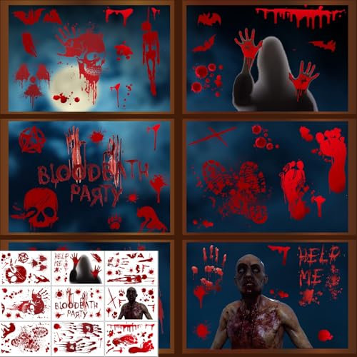 Halloween Bloody Deco Stickers,9 Fogli Halloween Adesivi Impronta Sangue,Finestra Horror Party Decorazione,Halloween Decorazioni Adesivi Finestre per la Casa Stregata della Vasca da Bagno Specchio